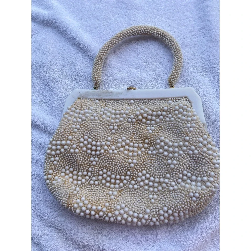 VTG‎ 1940s White Beaded Handbag Celluloid Frame Purse Handmade Hong Kong